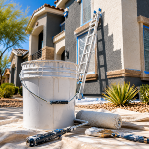 Residential exterior painting in progress: a large white paint bucket with a roller and brushes on a dropped cloth in the foreground, ladder leaning against a two-story house with windows taped for painting.