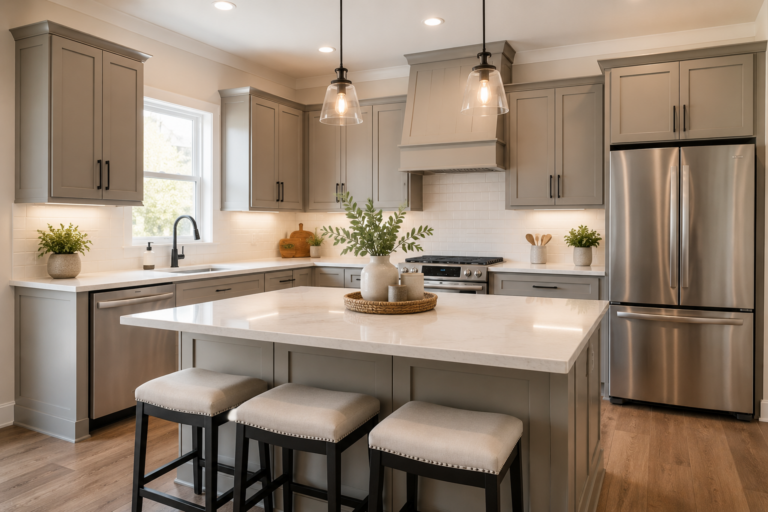 Modern refinished kitchen cabinets in a Peoria, AZ home showcasing the lasting results of professional cabinet refinishing.