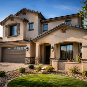 Two-story beige stucco house with a brown tiled roof, a two-car garage, and a landscaped front yard with rocks and shrubs.