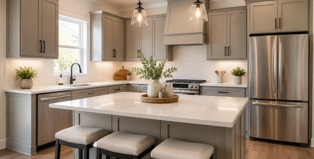 Modern refinished kitchen cabinets in a Peoria, AZ home showcasing the lasting results of professional cabinet refinishing.