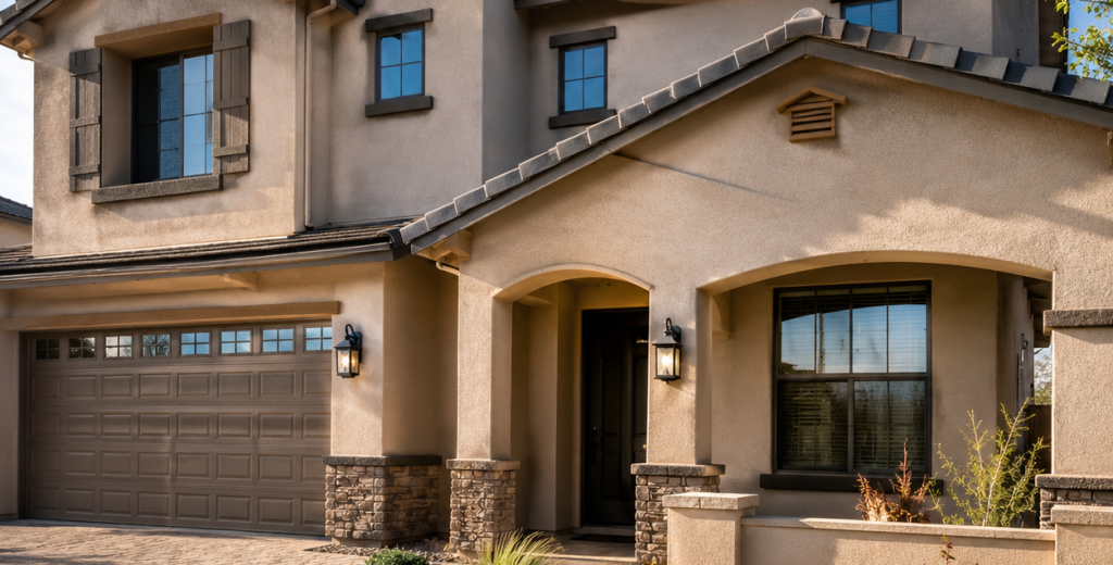 Two-story beige stucco house with a brown tiled roof, a two-car garage, and a landscaped front yard with rocks and shrubs.