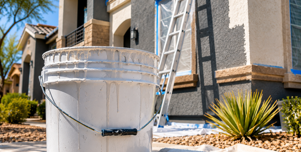 Residential exterior painting in progress: a large white paint bucket with a roller and brushes on a dropped cloth in the foreground, ladder leaning against a two-story house with windows taped for painting.